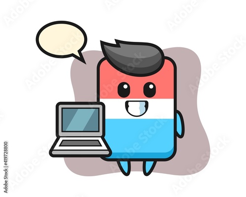 Mascot illustration of eraser with a laptop