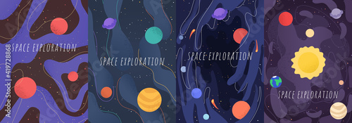 Vector illustration in abstract flat style. Minimalistic color space. Space exploration concept. A4 posters with copy space for text. Set of violet backgrounds. Creative dark wallpaper. Modern design