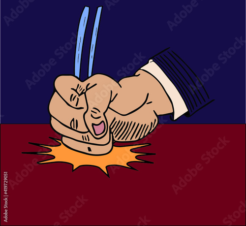 Illustration of a man fist punches a table. 