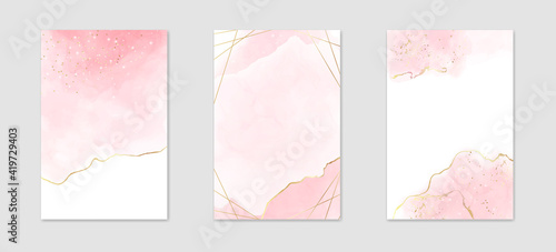 Abstract dusty pink liquid watercolor background with golden lines, dots and polygonal frame. Pastel marble alcohol ink drawing effect. Vector illustration design template for wedding invitation