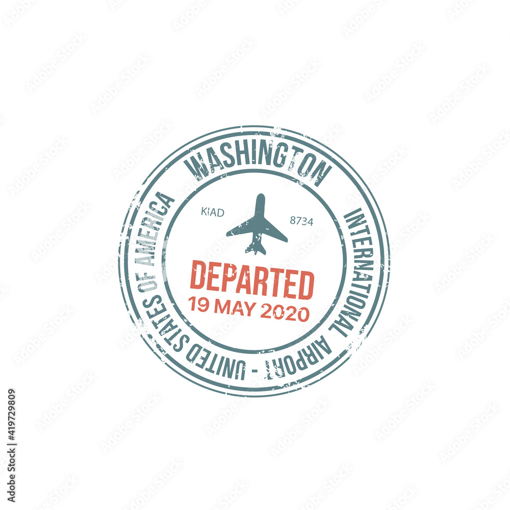 Passport stamp travel visa or customs of USA international airport immigration border control, vector sign. Washington city departure, US airport customs passport stamp