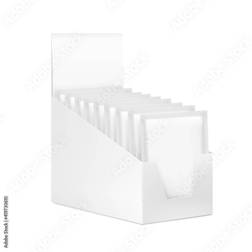 Show box with sachet packaging mockups for food, cosmetic and hygiene. Vector illustration on white background. Ready for your design. EPS10.	