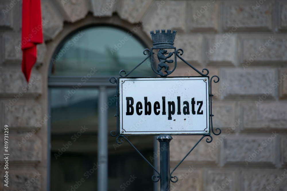 Closeup of sign at Bebelplatz on Unter den Linden in MItte Berlin Germany Closeup of sign at Bebelplatz on Unter den Linden in MItte Berlin Germany