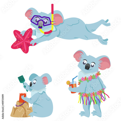 Koala family on vacation. Anthropomorphic animals in cartoon style.