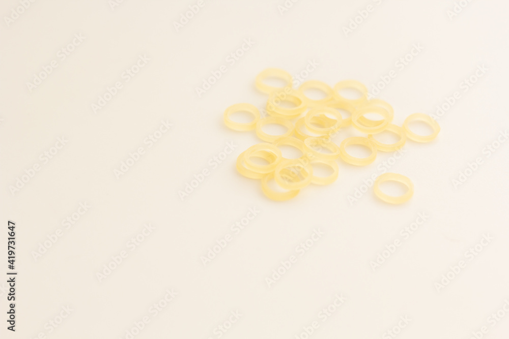 Closeup of orthodontic elastics. Closeup of orthodontic elastics.