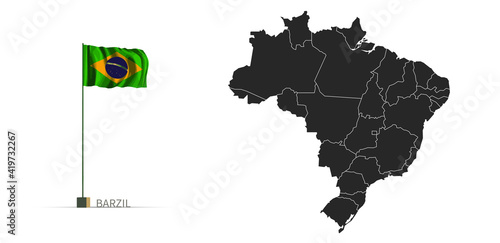 Brazil map. gray national vector map, and flag 3d illustration.