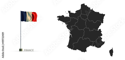 France map. gray national vector map, and flag 3d illustration.