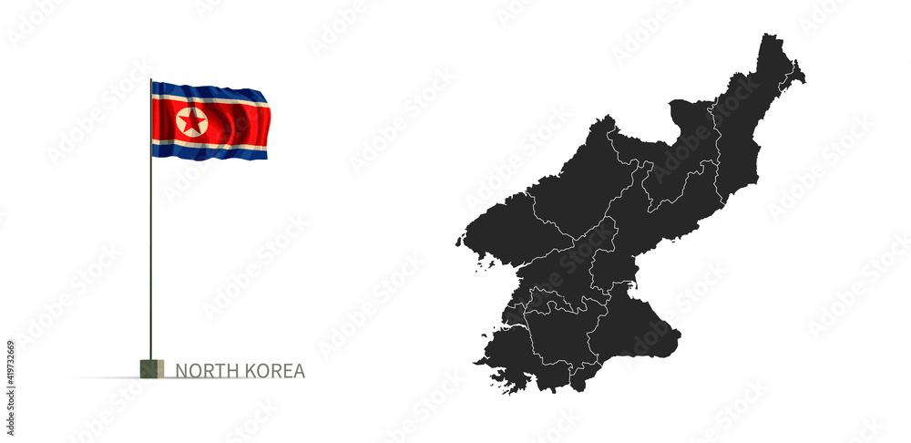 North Korea map. gray national vector map, and flag 3d illustration.