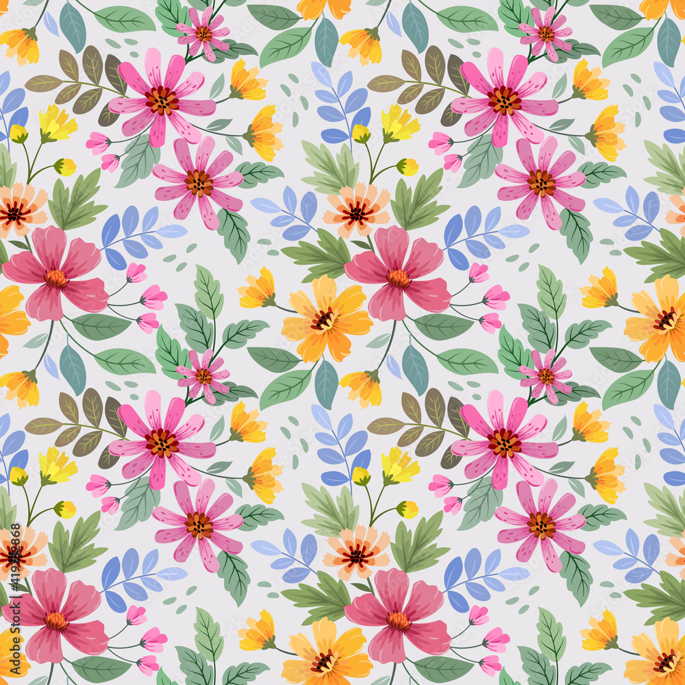 Abstract floral seamless pattern design. Flowers and leaves on grey background.