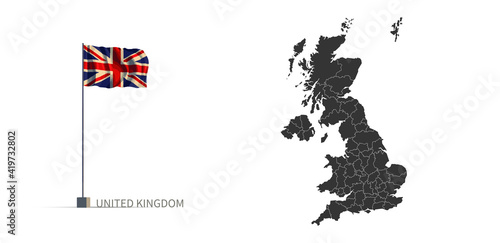 U.K. map. gray national vector map, and flag 3d illustration.