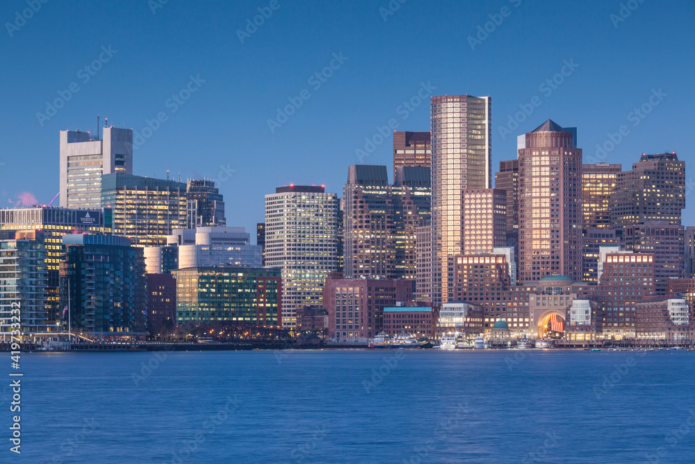 USA, Massachusetts, Boston. City skyline from Boston Harbor at dawn. USA, Massachusetts, Boston. City skyline from Boston Harbor at dawn.