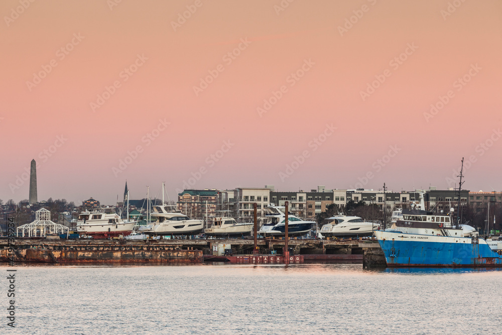 USA, Massachusetts, Boston. East Boston, marina at dawn.