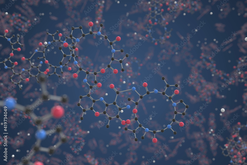 Dactinomycin molecule. Ball-and-stick molecular model. Chemistry related 3d rendering