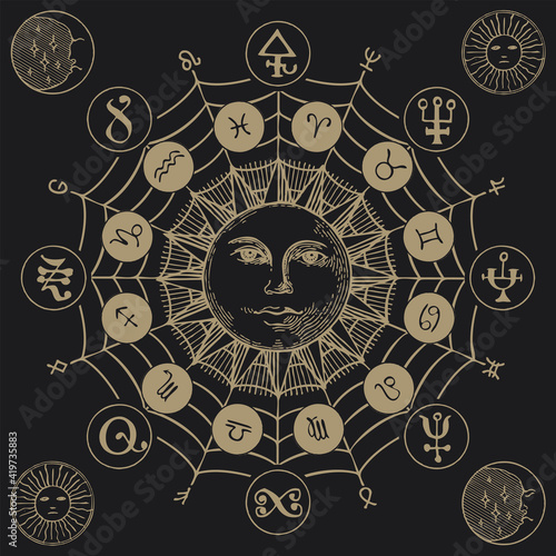 Vector circle of Zodiac signs with icons, esoteric symbols and a hand-drawn Sun on a black background. Mystical banner in retro style with horoscope symbols for astrological predictions