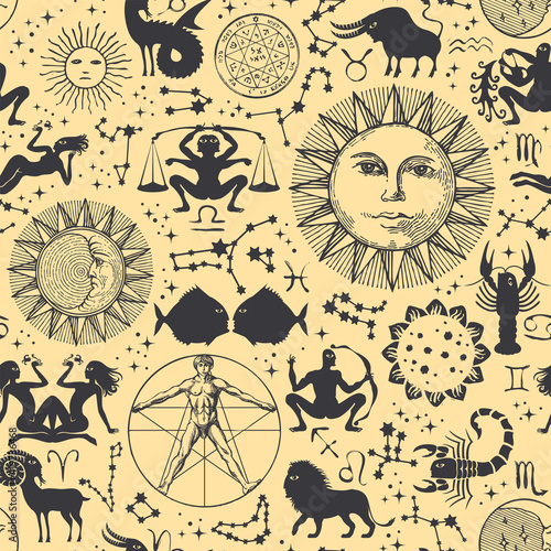 Abstract seamless pattern with zodiac signs, horoscope symbols, sun, moon, stars, constellations and human figure like Vitruvian man on a beige backdrop. Hand-drawn vector background in retro style