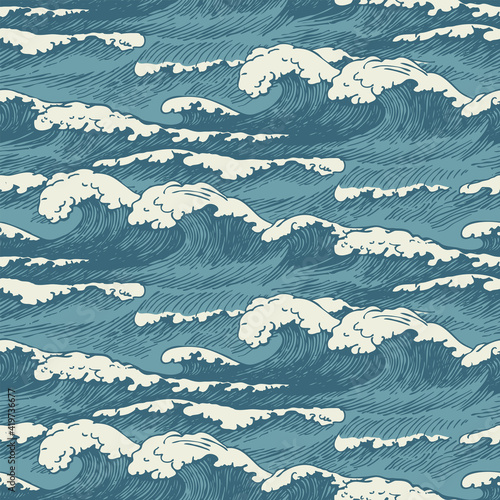 Vector seamless pattern with hand-drawn waves in retro style. Decorative repeating illustration of the sea or ocean, blue storm waves with breakers of seafoam