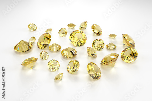 A scattering of yellow sapphires of different sizes on a white background. Exhibition of precious stones. 3d rendering.