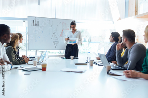 Businesswoman explaining strategy to colleagues over digital tablet on whiteboard in board room at coworking office photo