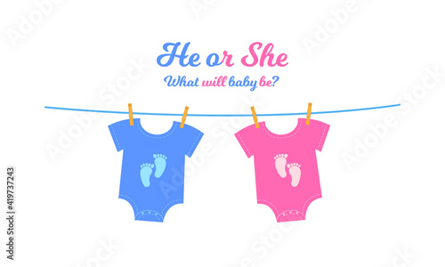 Baby bodysuits with blue and pink footprints hanging on the clothesline. Gender reveal party invitation card or banner. Boy or girl coming soon concept. Vector flat illustration.