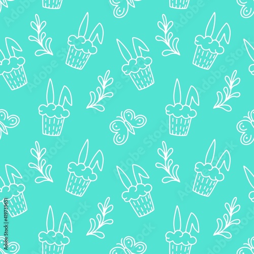 Happy Easter seamless pattern with bunny, leaves, cupcake isolated on white background. Vector doodle illustration. Design for textile, wrapping, wallpaper, backdrop