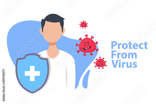 Person with shield and, "Protect from virus" text. protect from covid-19 virus or coronavirus concept. Person fights virus. Defend from virus Concept. Avoiding corona viruses - Vector illustration