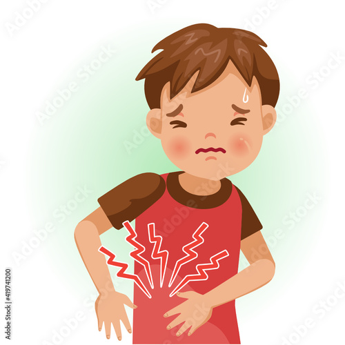 Appendicitis. The boy is sick, Sick person and feeling bad.