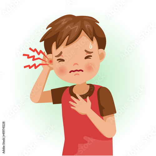 Earache or sore. The boy is sick, Sick person and feeling bad.