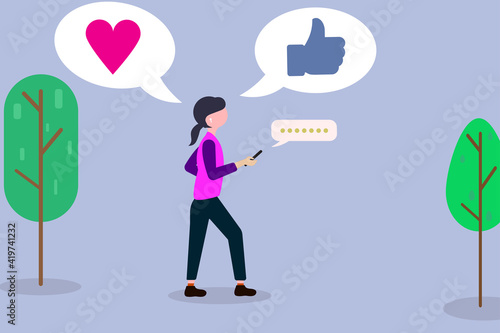 Flat illustration of woman holding smartphone with love symbol and thumbs up vector design