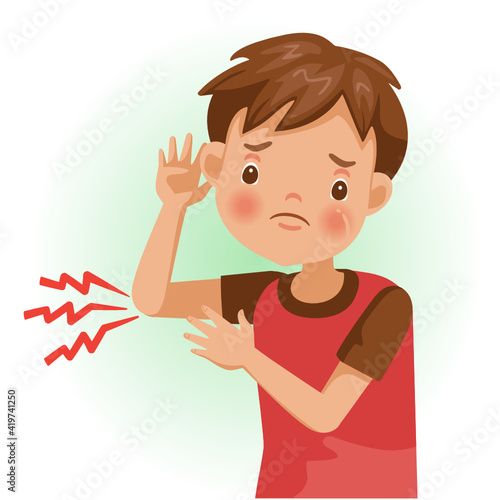 Elbow pain or sore. The boy is sick, Sick person and feeling bad.