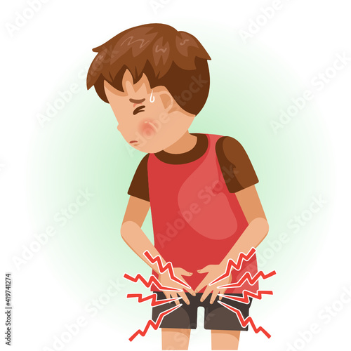 Genital pain. The boy is sick, Sick person and feeling bad.