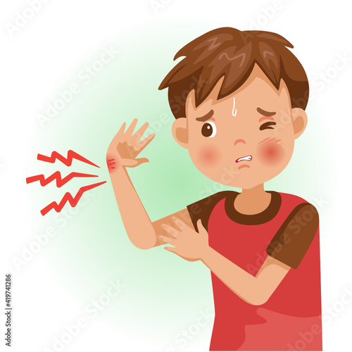 Hand pain or sore. The boy is sick, Sick person and feeling bad