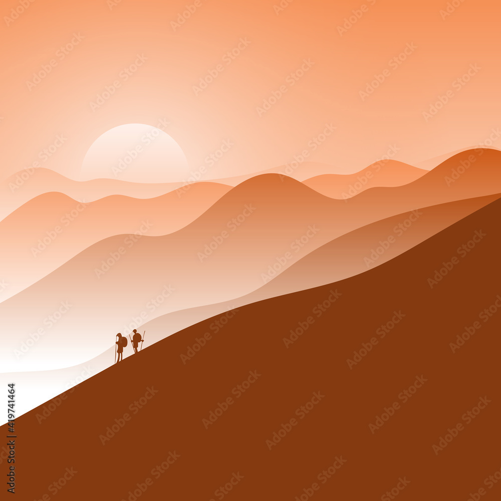 two hikers walking in mountains at sunset with orange gradient shade background illustration vector