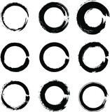Set of black grunge paintbrush circles. Geometric art. Vector illustration. Design element for border frames, rounded logo, sign, symbol, prints, web, template and textile pattern