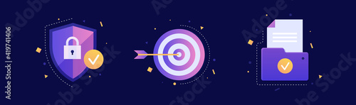 Set of colored vector icons on blue background. Sign of positive input of personal data, closed from public access. Arrow shot directly into the center of the target. Folder with files on Internet.