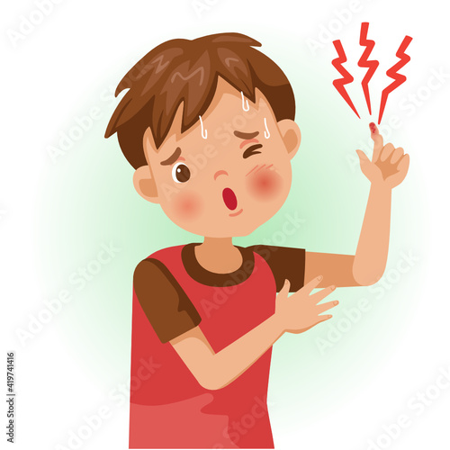 Sore finger boy.  Sick person and feeling bad.