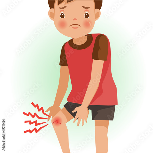 Sore knee or pain. The boy is sick, Sick person and feeling bad.