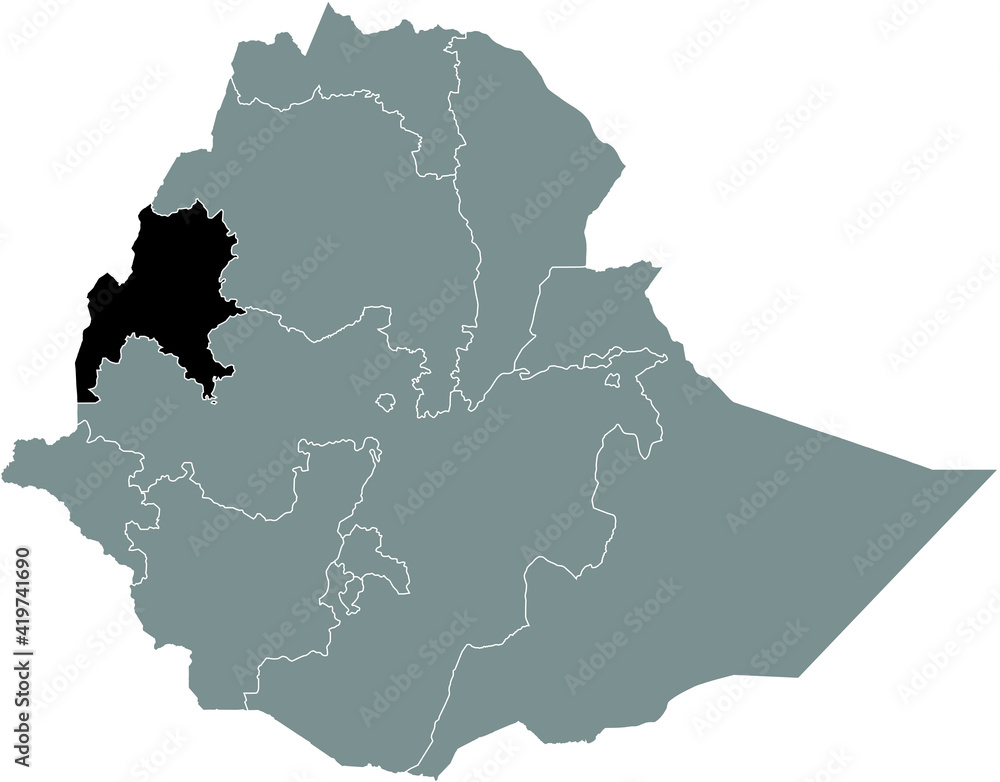 Black highlighted location map of the Ethiopian Benishangul-Gumuz Region inside gray map of the Federal Democratic Republic of Ethiopia Black highlighted location map of the Ethiopian Benishangul-Gumuz Region inside gray map of the Federal Democratic Republic of Ethiopia