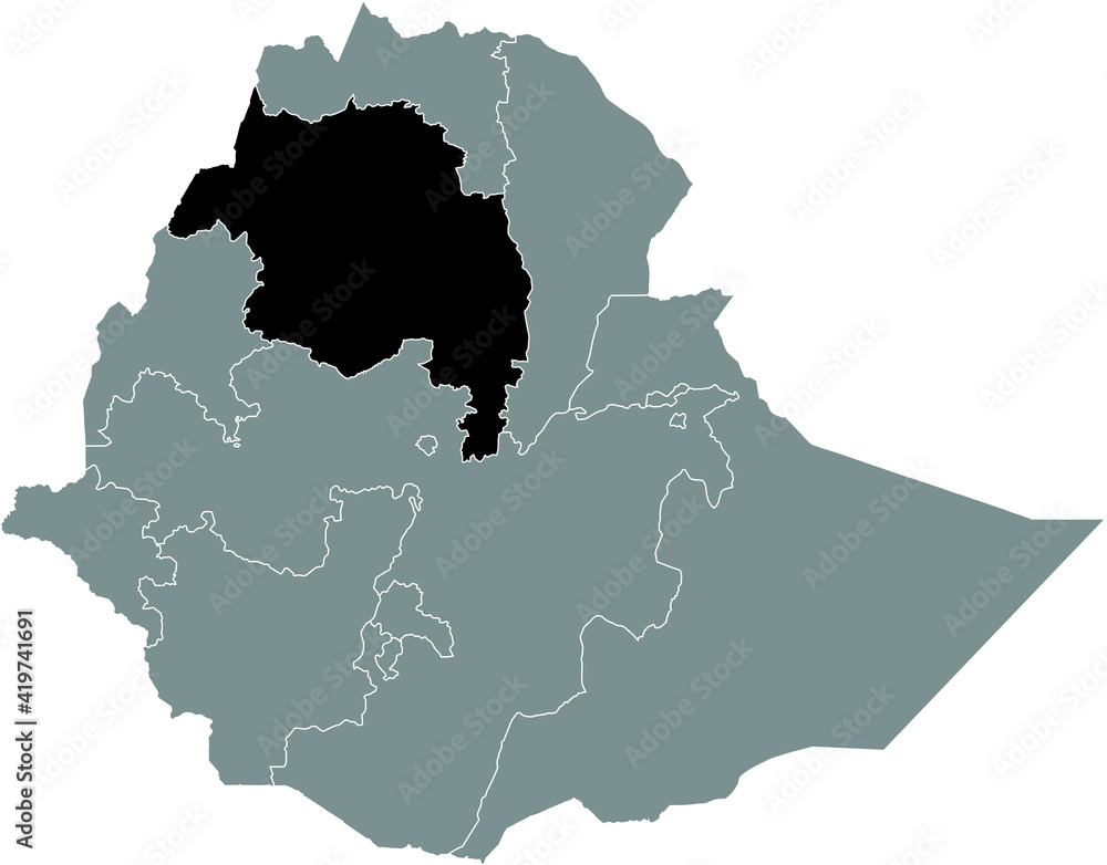 Black highlighted location map of the Ethiopian Amhara Region inside gray map of the Federal Democratic Republic of Ethiopia