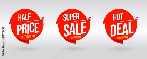 Sale template with limited offer up to 50 and 70 percent off. Red round badge, sticker, label with hot deal condition, half price super only this week vector illustration isolated on white background