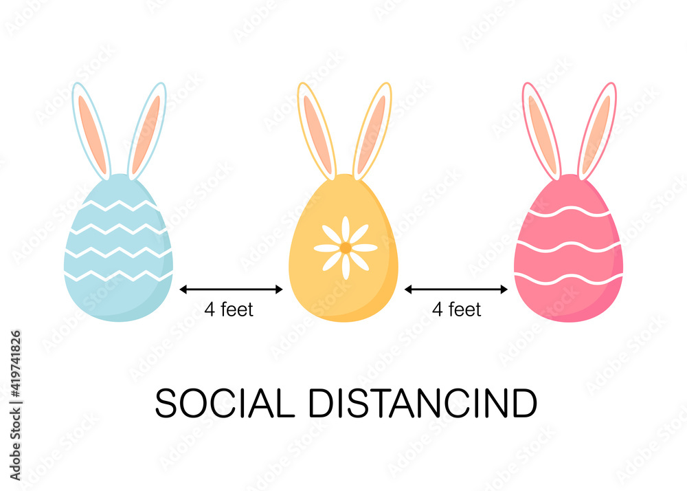 cute colorful easter eggs with bath bunny ears and ornaments during the coronavirus epidemic. social distancing concept covid19. vector illustration cute colorful easter eggs with bath bunny ears and ornaments during the coronavirus epidemic. social distancing concept covid19. vector illustration