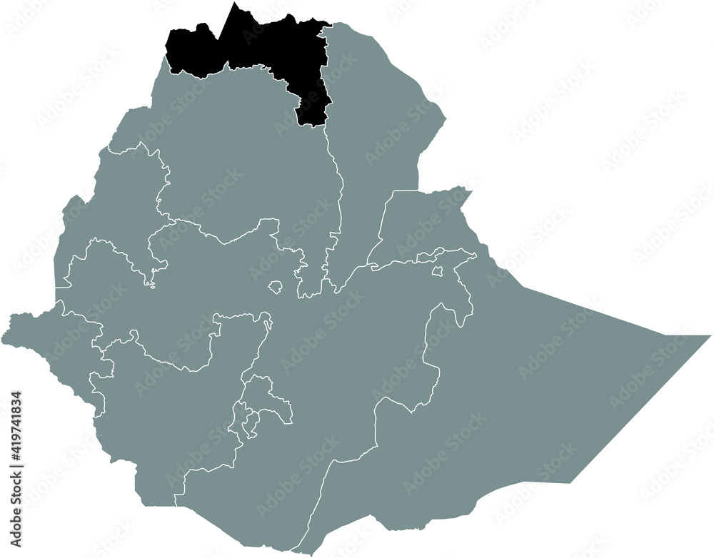 Black highlighted location map of the Ethiopian Tigray Region inside gray map of the Federal Democratic Republic of Ethiopia