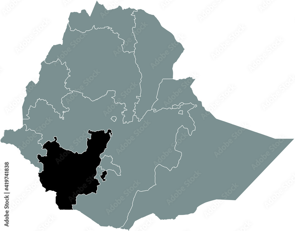 Black highlighted location map of the Ethiopian Southern Nations, Nationalities, and Peoples' Region (SNNPR) inside gray map of the Federal Democratic Republic of Ethiopia
