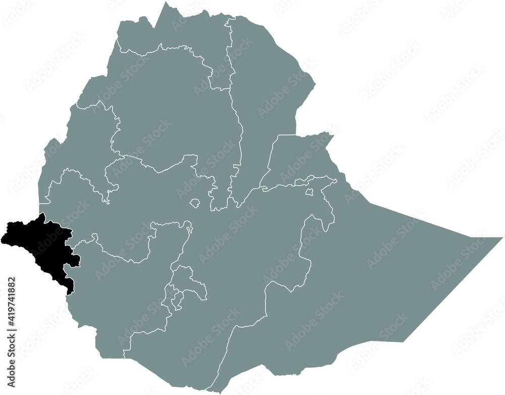 Black highlighted location map of the Ethiopian Gambela Region inside gray map of the Federal Democratic Republic of Ethiopia