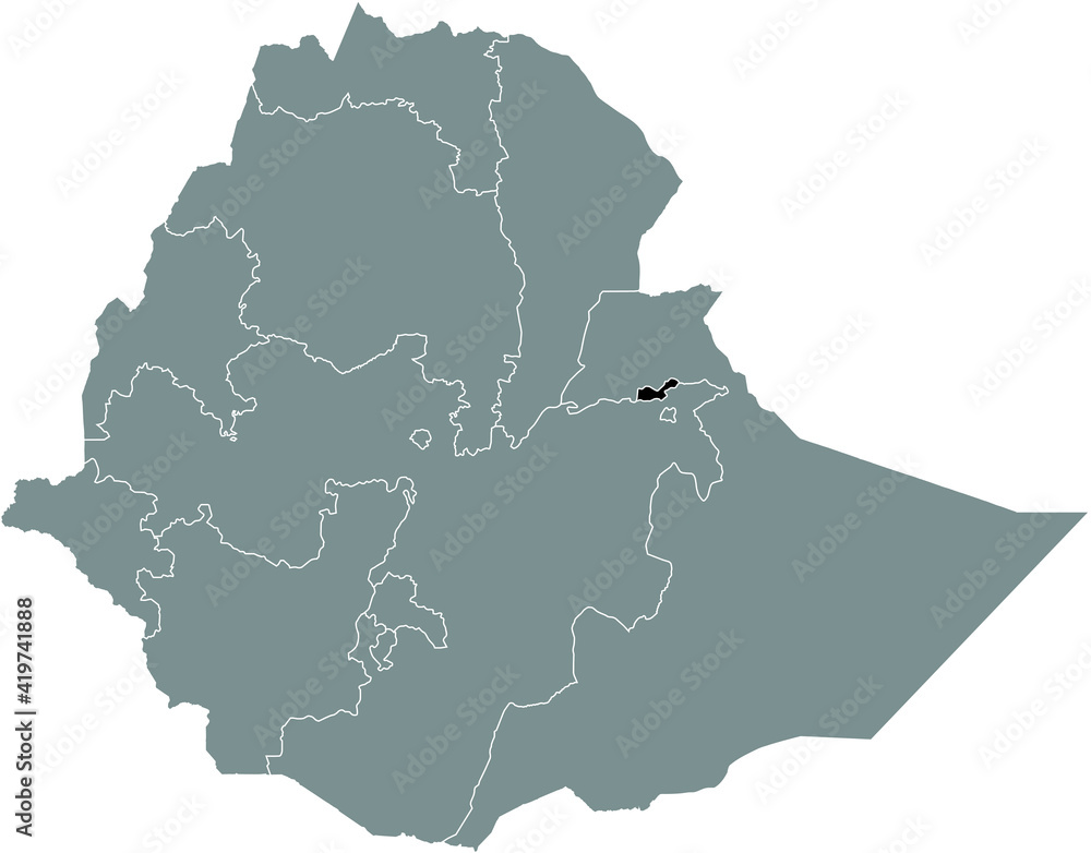 Black highlighted location map of the Ethiopian Dire Dawa City region inside gray map of the Federal Democratic Republic of Ethiopia Black highlighted location map of the Ethiopian Dire Dawa City region inside gray map of the Federal Democratic Republic of Ethiopia