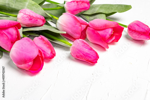 Bouquet of gentle pink tulips on white plaster background