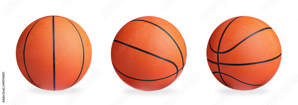 Set with bright basketball balls on white background. Banner design