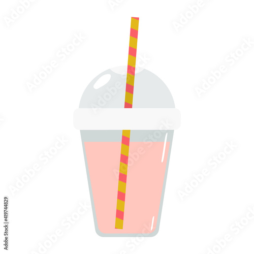 Summer cold drink. Take-away non-alcoholic cocktail. Juice in a disposable plastic cup with lid and straw. Vector stock illustration in flat style. 