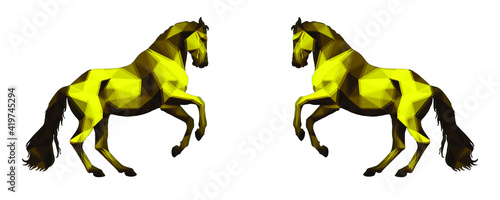 two prancing horses opposite each other, isolated image on a white background in the style of low Poly