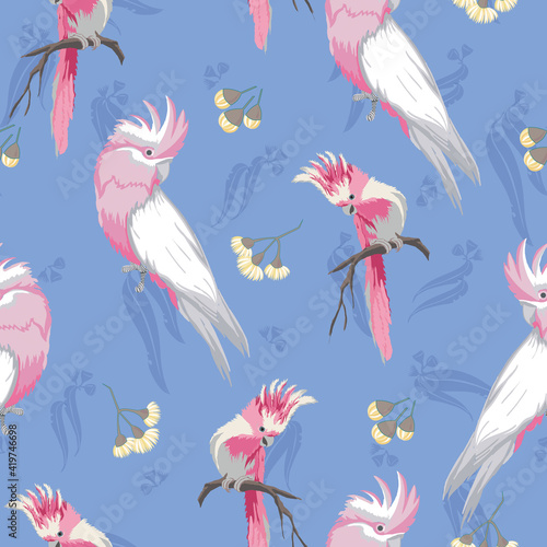 Pink galahs and yellow eucalyptus blossom seamless vector repeat pattern. Vector illustration