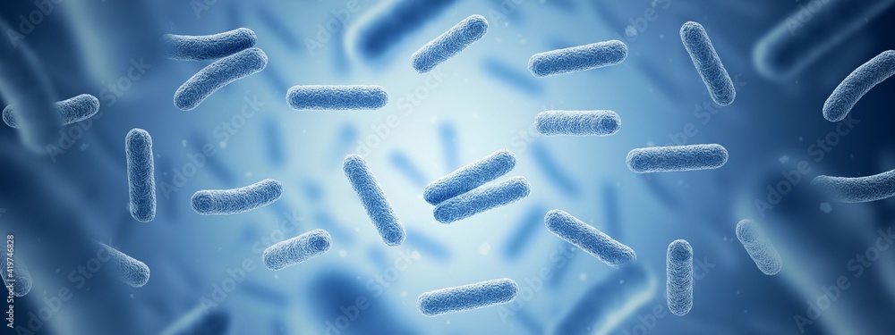 Bacteria. Bacterium. Blue color. Prokaryotic microorganisms. 3d illustration. Banner - obrazy, fototapety, plakaty 